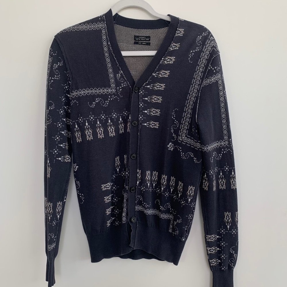 AllSaints blue gray white & tan detailed cardigan